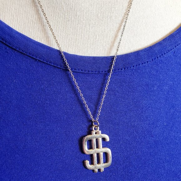 18" Silver Tone Dollar Sign Pendant Necklace Style - Picture 1 of 4